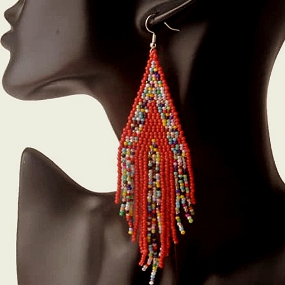 Long 5" Multicolor Red Stripe Handmade Beaded Oversized Bohemian Earrings New
